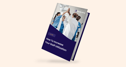 BookJane Free ebook download on staff utilization showing mockup of ebook, healthcare worker giving high five and BookJane logo and orange curved element