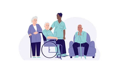 Graphic of BookJane health care workers standing alongside senior ltc residents