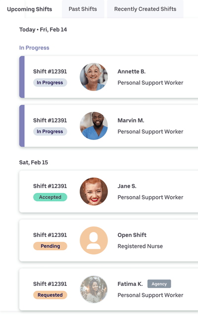 Graphic of BookJane's Care Network platform with shifts booked and healthcare workers scheduled in