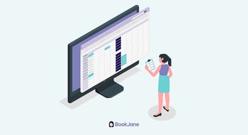 Graphic of BookJane health care facility worker standing in front of a giant screen running manual spreadsheet