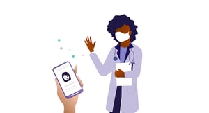 Graphic of a BookJane physician waving to a J360 user holding a smartphone running BookJane software
