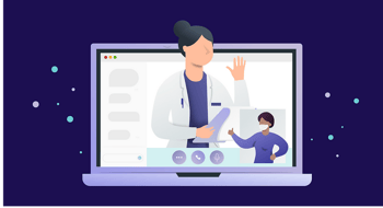 Graphic of a computer laptop screen with a BookJane physician waving at a healthcare shift worker