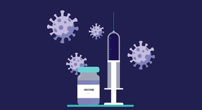 Graphic of Covid-19 pfizer, moderna, and az vaccine bottles and syringes with virus images in the background