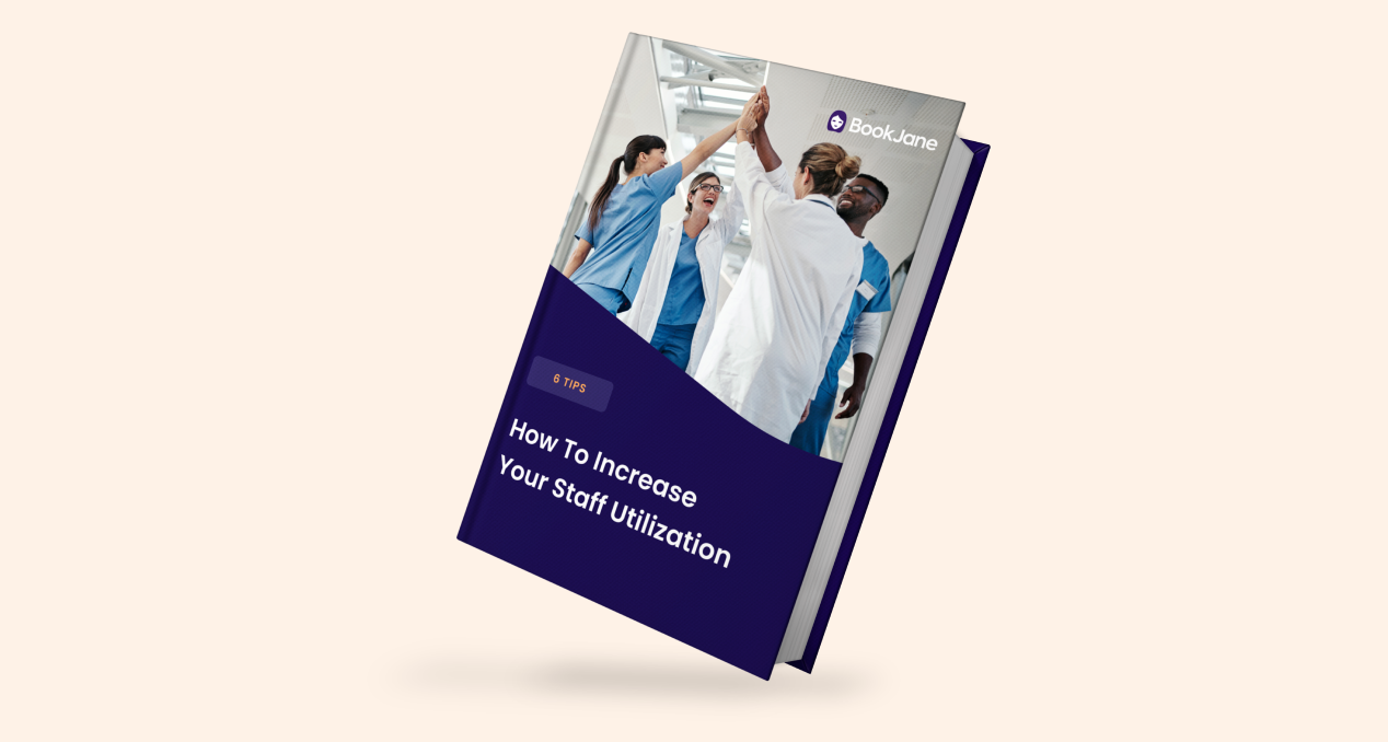 BookJane Free ebook download on staff utilization showing mockup of ebook, healthcare worker giving high five and BookJane logo and orange curved element