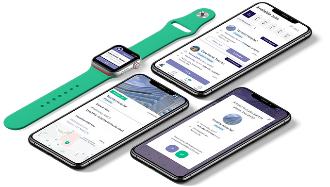 Image of BookJane J360 Workforce app on three mobile devices and on an apple watch